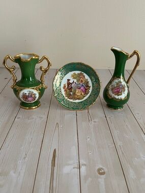 Vintage Limoges France Porcelain 3-Piece Set Green & Gold Courting Couple